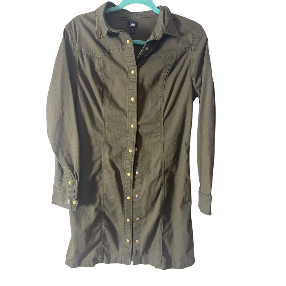 Lee Olive Green Snap Front Shirt Dress Tunic Utility Western Style Medium